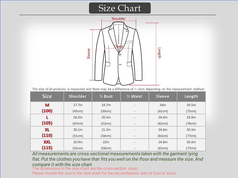 May include: Size chart for a blazer with measurements in inches and centimeters. The chart shows the size, shoulder, bust, waist, sleeve, and length measurements for sizes M, L, XL, XXL, and XXXL.