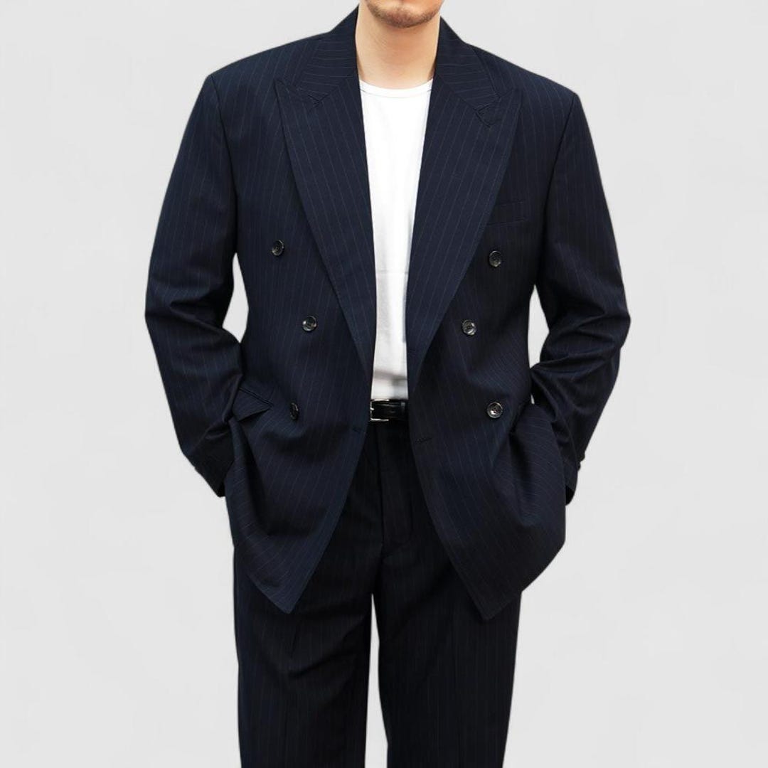 Navy Striped Summer Double-breasted Suit Jacket – Lightweight Half