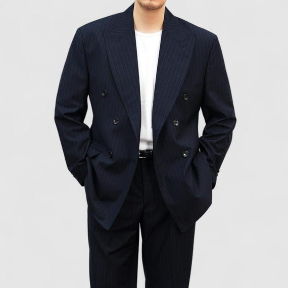 Navy Striped Summer Double-breasted Suit Jacket – Lightweight Half