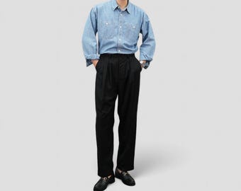 Pantalon noir surdimensionné à plis / Pantalon large à plis doubles, coupe décontractée pour hommes