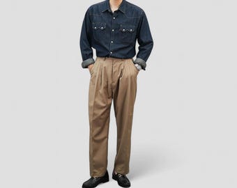 Pantalon beige surdimensionné à plis / Pantalon large à plis doubles, coupe décontractée pour hommes