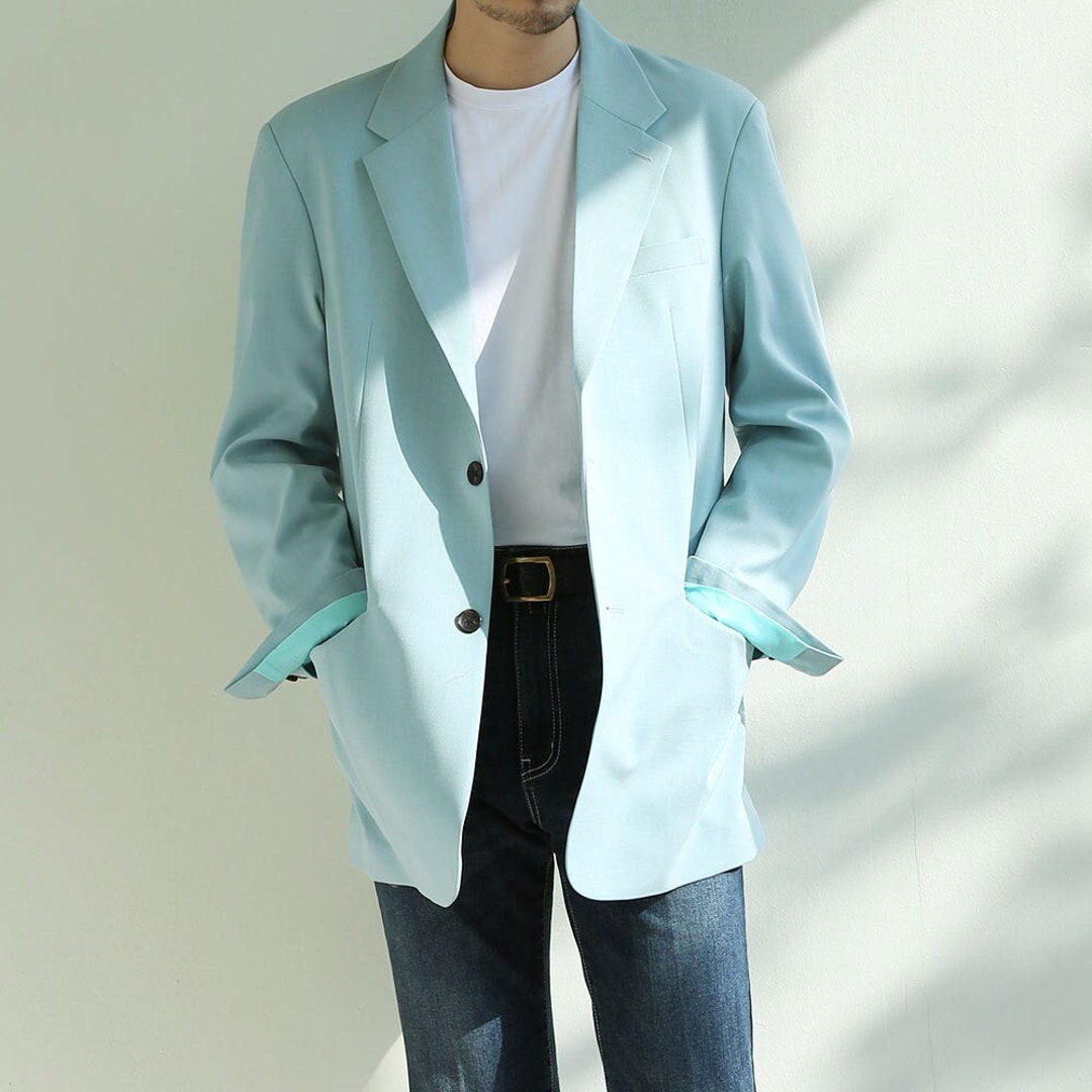 Basic Oversized Men's Single Suit Jacket in Mint Green Color