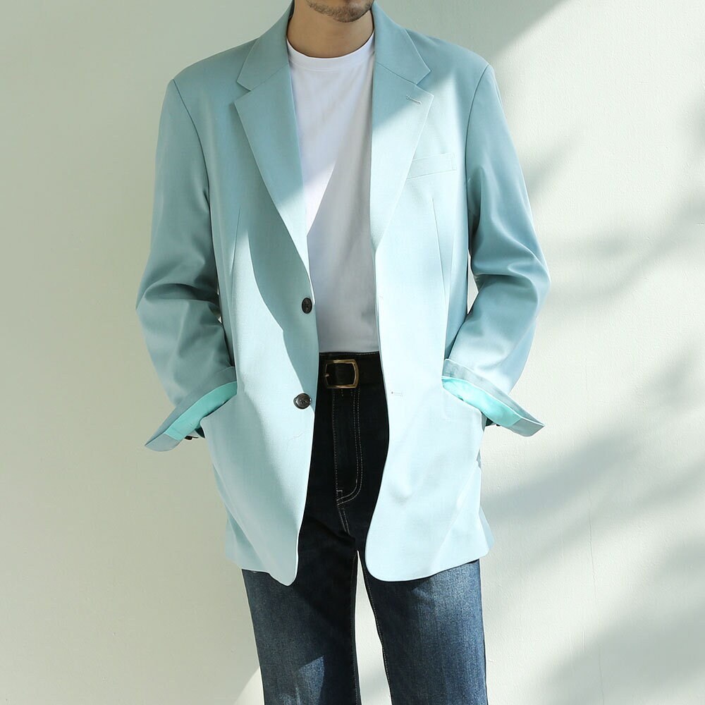 Basic Oversized Men's Single Suit Jacket in Mint Green Color
