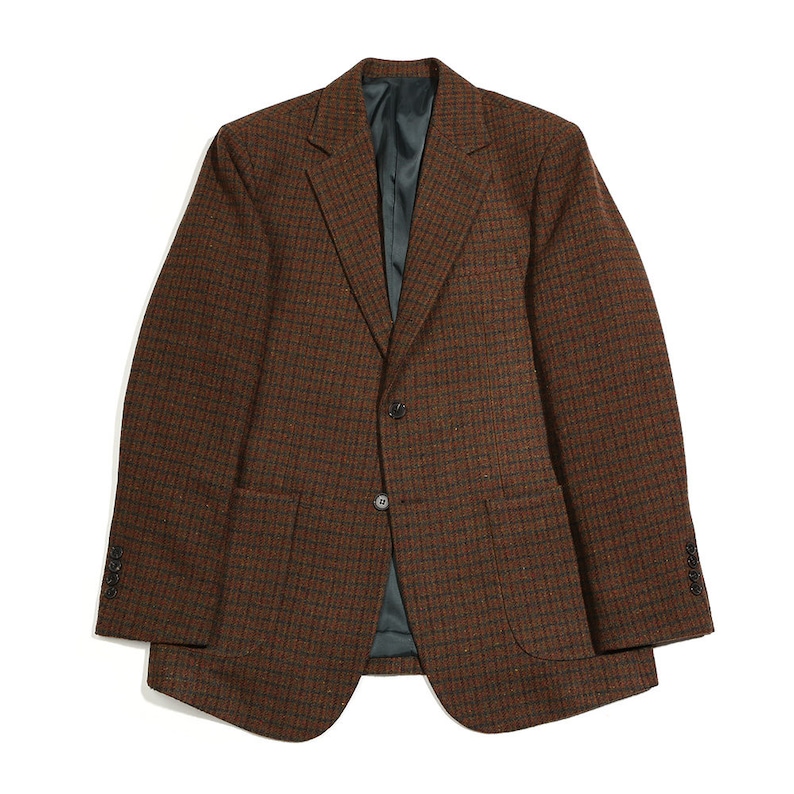 May include: A brown and black plaid blazer with a single button closure. The blazer has two flap pockets and a lined interior.