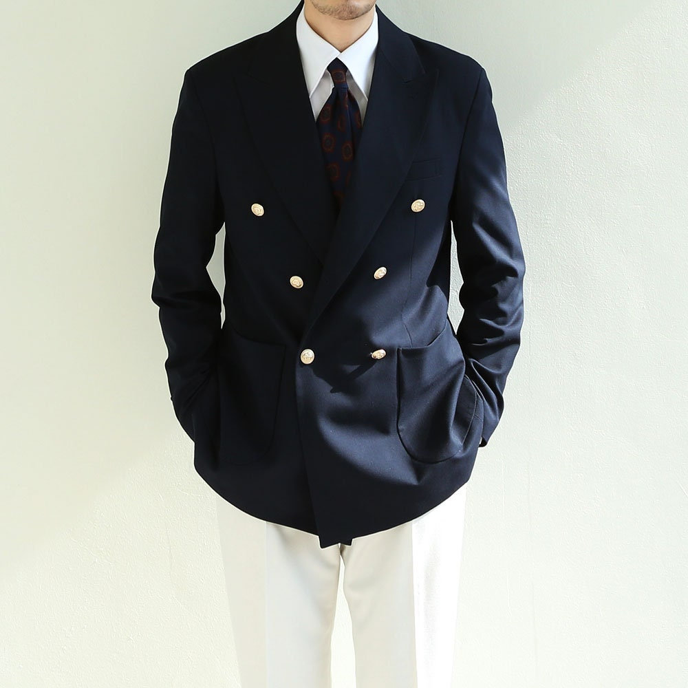 Basic Men's Gold Button Double Breasted Suit Jacket in Navy