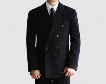 Men’s Black Corduroy Double-Breasted Suit Jacket– Fall Blazer for Business & Casual Wear