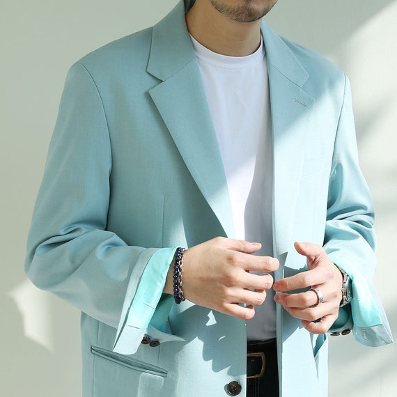 Basic Oversized Men's Single Suit Jacket in Mint Green Color