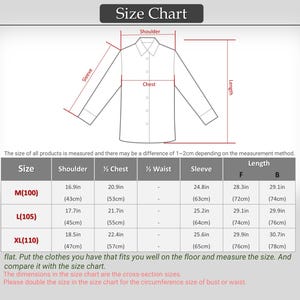 May include: A white shirt diagram with measurements for shoulder, chest, waist, sleeve, and length. The size chart includes measurements in inches and centimeters for sizes M(100), L(105), and XL(110).