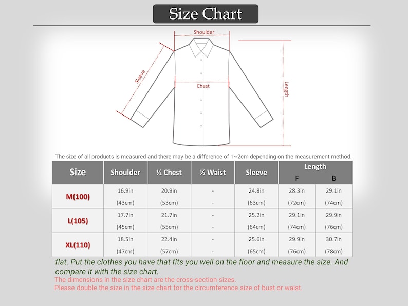 May include: A white shirt diagram with measurements for shoulder, chest, waist, sleeve, and length. The size chart includes measurements in inches and centimeters for sizes M(100), L(105), and XL(110).