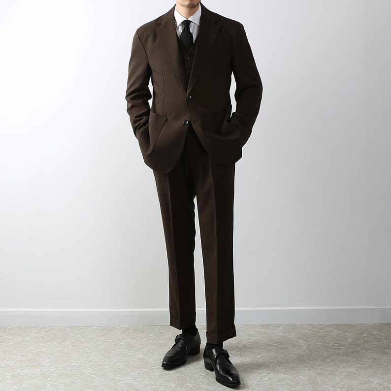 Classic Fit 3-Piece Men's Besic Single Suit Jacket, Vest and Pant Set in Brown Color / Single Breasted Jacket, Pants and Vest 3 piece Suits image 2