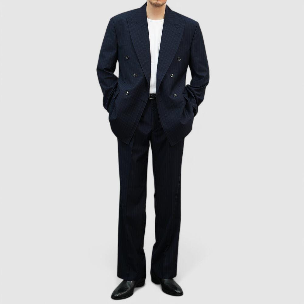Navy Striped Summer 2-piece Suit – Double-breasted Blazer and Semi