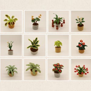 May include: A grid of twelve crocheted plant pot arrangements. The plants feature various green and yellow foliage, with some having red or white flowers. The pots are in shades of brown, grey, and beige, each in a square frame.