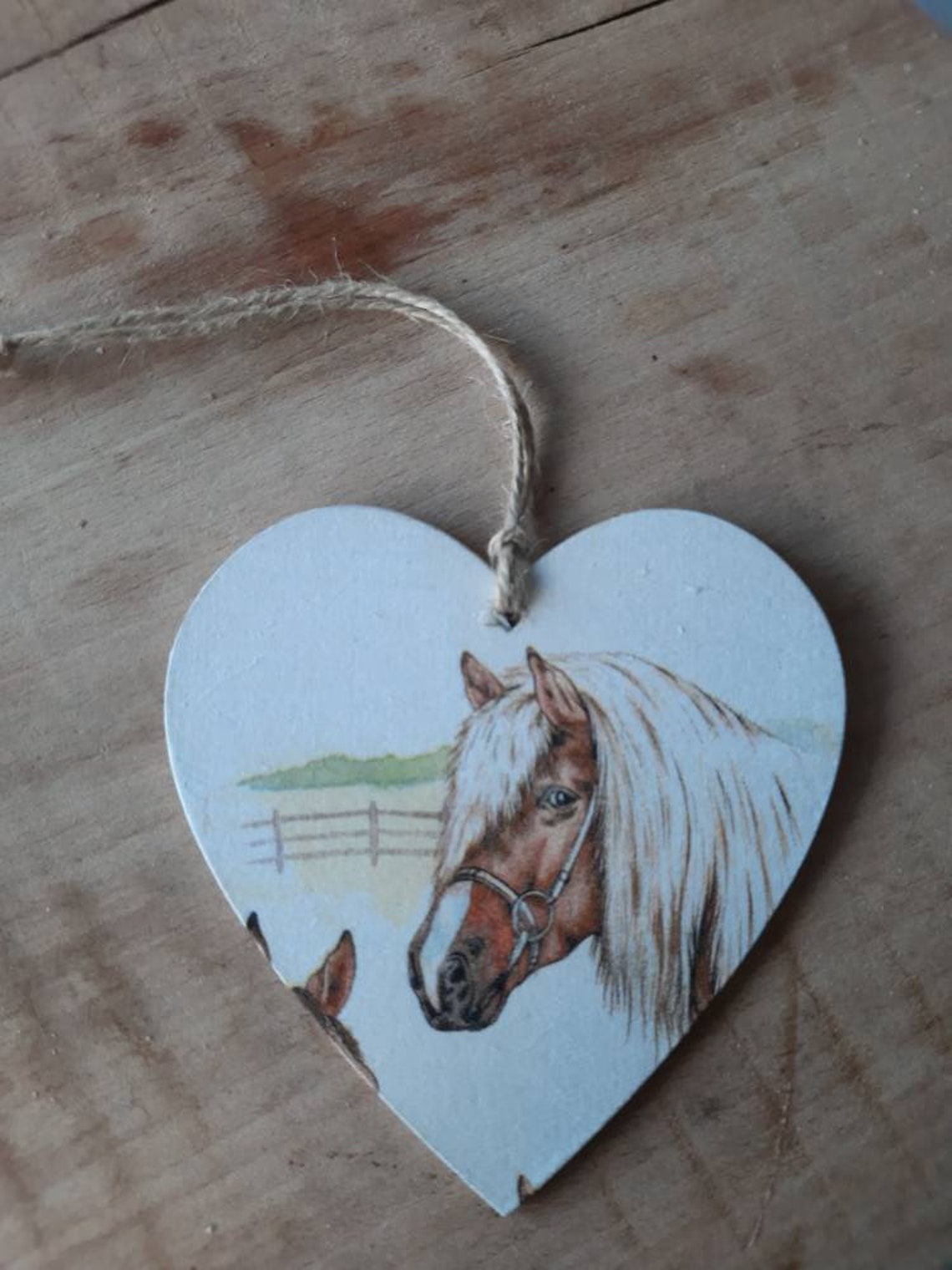 Hanging wooden heart hand decorated decoupage horse/pony Free Etsy