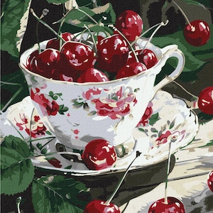 Cherries Paint by number kit with Frame, Aesthetic Paint by numbers adult set, Berries Canvas Kitchen Wall Decor, Large Still life picture