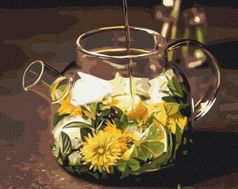 Paint by number kit with Frame Herbal Tea, Floral Paint by numbers adult set, Vitamin Drink Canvas Kitchen Decor, Large Still life picture
