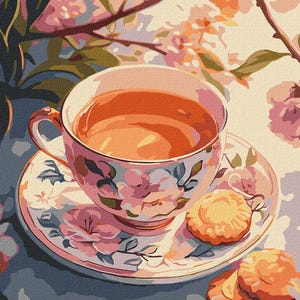 Paint by number kit with Frame Floral Tea, Aesthetic Paint by numbers adult set, Pastel Canvas Kitchen Wall Decor, Large Still life picture