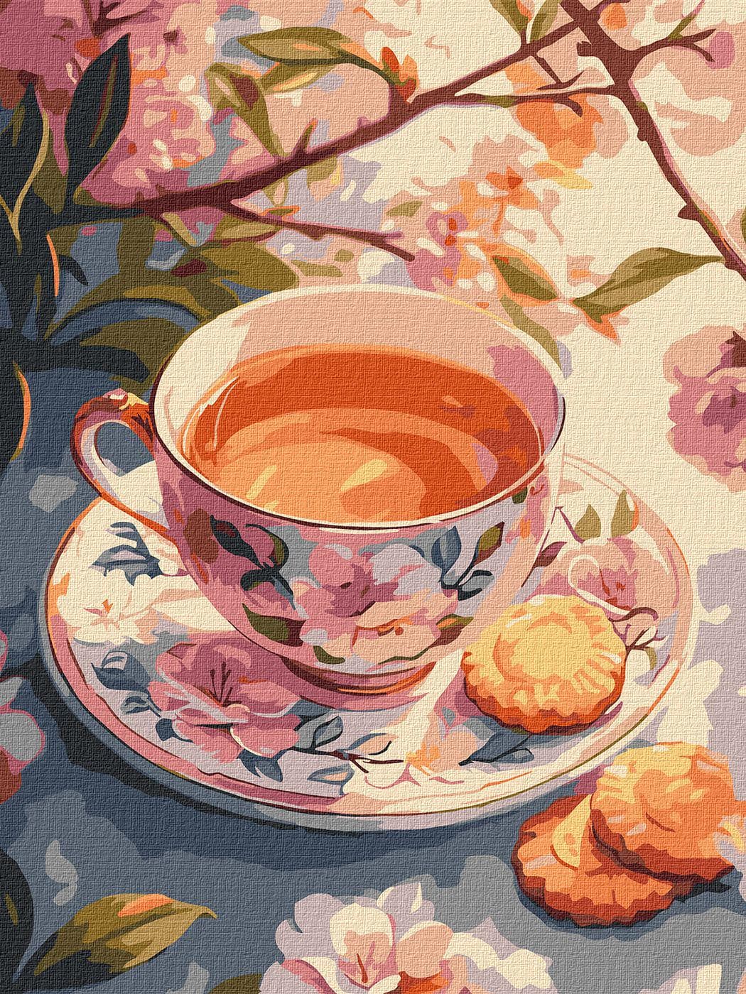 Paint by number kit with Frame Floral Tea, Aesthetic Paint by numbers adult set, Pastel Canvas Kitchen Wall Decor, Large Still life picture