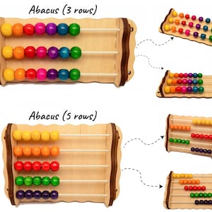 May include: A wooden abacus with colorful beads. The abacus has three rows of beads, with each row containing seven beads in a rainbow color pattern. The abacus is made of wood and has a brown frame.