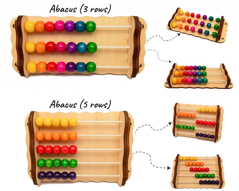 May include: A wooden abacus with colorful beads. The abacus has three rows of beads, with each row containing seven beads in a rainbow color pattern. The abacus is made of wood and has a brown frame.