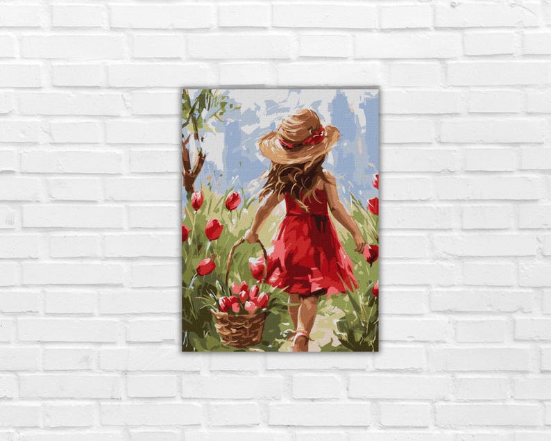 Paint by Number Kit Girl With a Basket, Tulips Painting by Numbers Set ...