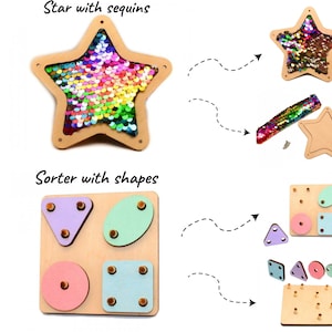 May include: A wooden star-shaped frame with a colorful sequin insert and a separate wooden star-shaped frame with holes for inserting shapes.  A wooden square frame with four holes for inserting shapes, a triangle, a circle, a square, and an oval.  The shapes are colored pink, blue, green, and purple.