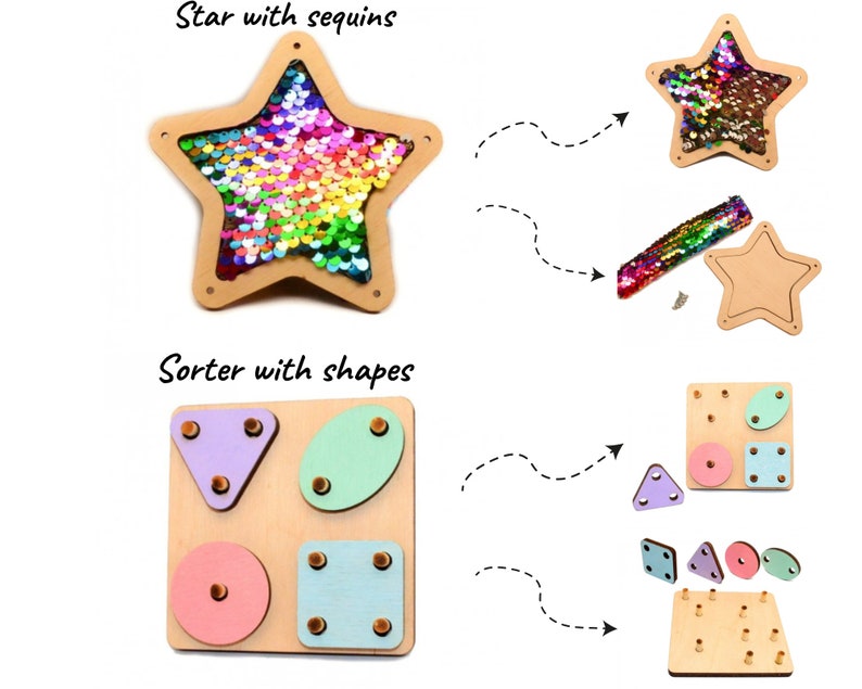 May include: A wooden star-shaped frame with a colorful sequin insert and a separate wooden star-shaped frame with holes for inserting shapes.  A wooden square frame with four holes for inserting shapes, a triangle, a circle, a square, and an oval.  The shapes are colored pink, blue, green, and purple.