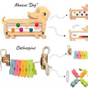 May include: Wooden toy abacus shaped like a dog with colorful beads. The abacus is labeled "Abacus "Dog"".  A second image shows a set of colorful wooden clothespins with a rope and wooden brackets.