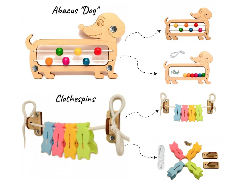 May include: Wooden toy abacus shaped like a dog with colorful beads. The abacus is labeled "Abacus "Dog"".  A second image shows a set of colorful wooden clothespins with a rope and wooden brackets.