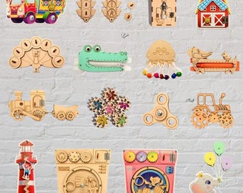 Busy Board Parts, DiY Busy board elements Toddler Colourful Busy board pieces Activity Child Gift, Craft set Animal Wooden components shapes