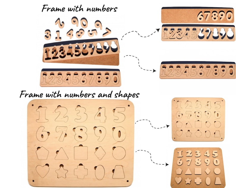 May include: Wooden frame with cut-out numbers and shapes. The frame has two sections, one with numbers 1-9 and the other with numbers 1-5, 6-9 and shapes like a heart, star, square, triangle, and circle.