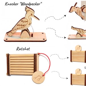 May include: A wooden woodpecker knocker with a red string attached to its beak. The knocker is mounted on a wooden base. The image also shows a wooden ratchet with a red string attached to a music note charm. The ratchet has a series of wooden slats.