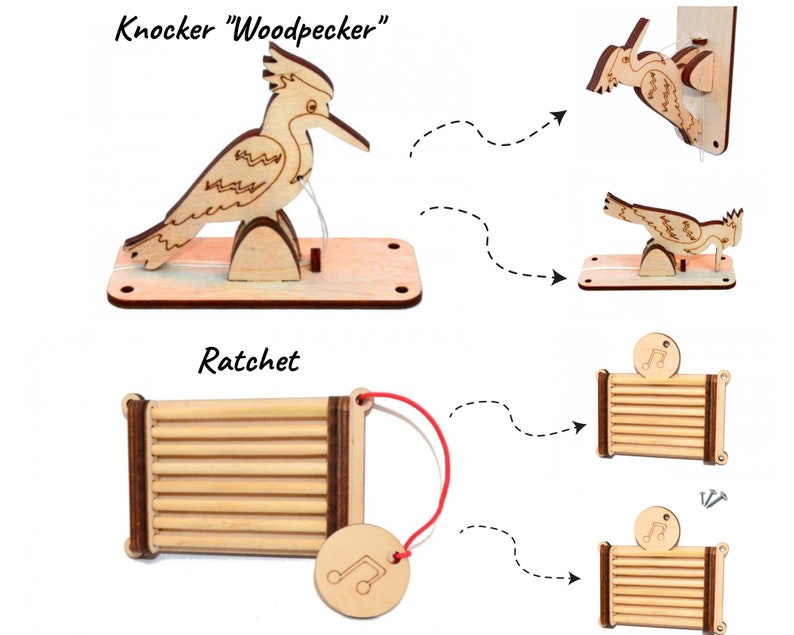 May include: A wooden woodpecker knocker with a red string attached to its beak. The knocker is mounted on a wooden base. The image also shows a wooden ratchet with a red string attached to a music note charm. The ratchet has a series of wooden slats.