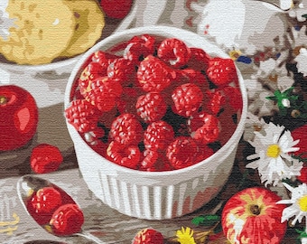 Paint by number kit with Frame Fresh Raspberries, Berries Paint by numbers adult set Breakfast Still life Canvas Kitchen Large color picture