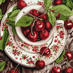Paint by number kit with Frame Juicy Cherries, Berries Paint by numbers adult set, Canvas Wall Kitchen Decor, Large Food Still life picture
