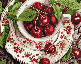Paint by number kit with Frame Juicy Cherries, Berries Paint by numbers adult set, Canvas Wall Kitchen Decor, Large Food Still life picture