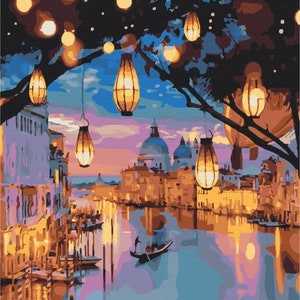 Paint by number kit Evening Venice, Cityscape Large Painting by numbers set with Frame Canvas for adults, Old Town River DIY coloring set