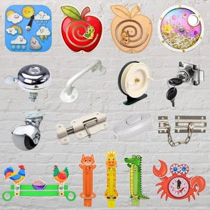 Busy Board Parts, Switch Light Latch Door chain Padlock Wheel Handle Bike Bell, DiY Busy board elements Busy Board Activity Child Craft set