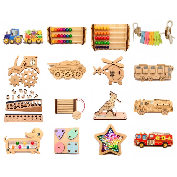 Busy Board Parts, DiY Busy board elements Toddler Busy Board Colourful pieces Activity Child Gift Craft set Tractor Wooden components shapes