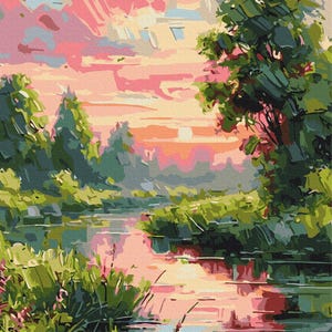 Nature Landscape Paint by number kit, River Sunset Painting by numbers set with Frame, Aesthetic Wall Decor, Adult Coloring Acrylic Canvas