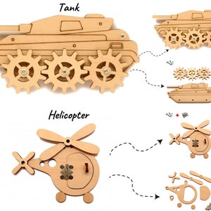 May include: A wooden craft kit for building a tank and a helicopter. The kit includes all the pieces needed to build both models, as well as instructions. The tank has a working gear system, and the helicopter has a rotating propeller.