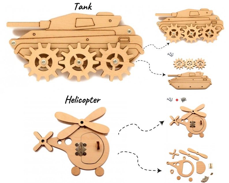 May include: A wooden craft kit for building a tank and a helicopter. The kit includes all the pieces needed to build both models, as well as instructions. The tank has a working gear system, and the helicopter has a rotating propeller.