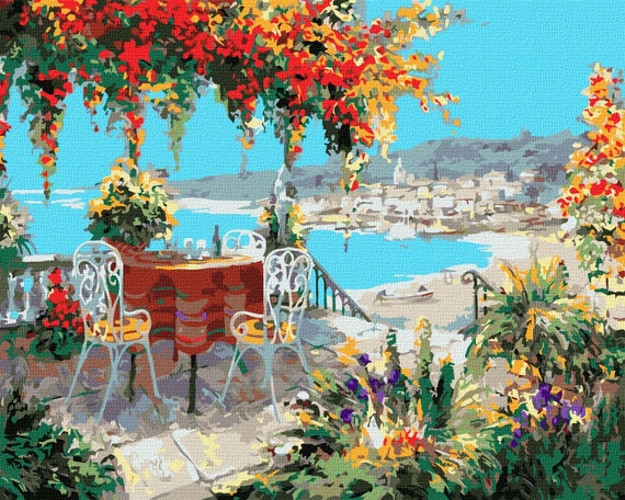 Cozy Patio Paint by Number Kit, Floral Landscape Adult Painting by