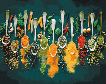 Spices Paint by number kit with Frame, Spicy herbs Paint by numbers adult set, Realistic Kitchen Food Decor Large condiments still life art