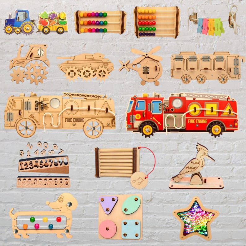 Busy Board Parts, DiY Busy board elements Toddler Busy Board Colourful pieces Activity Child Gift Craft set Tractor Wooden components shapes image 1