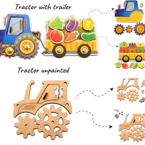 May include: A wooden toy tractor with a trailer, both painted blue and yellow. The trailer is filled with colorful wooden vegetables. The tractor has a working steering wheel and a removable trailer. The toy is shown in two states: assembled and disassembled. The disassembled version shows the individual pieces of the toy, including the wheels, axles, and screws.