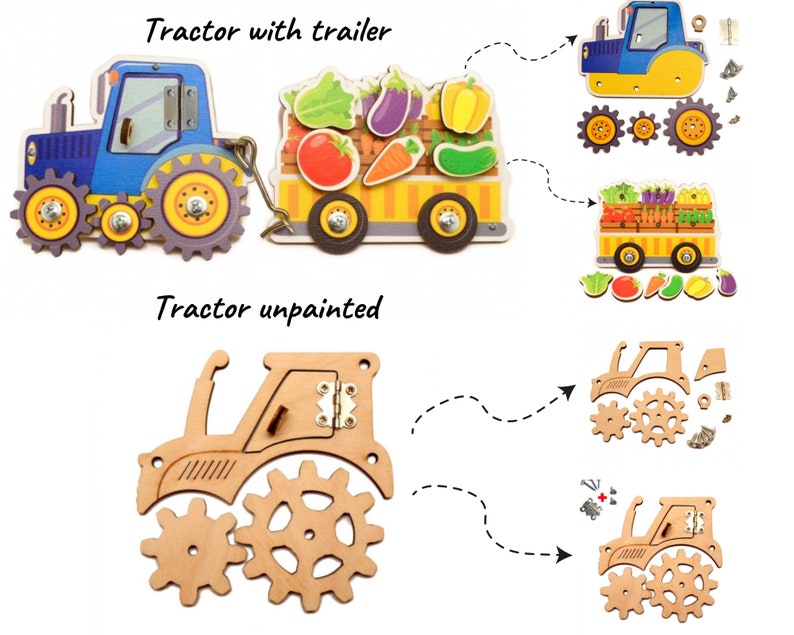 May include: A wooden toy tractor with a trailer, both painted blue and yellow. The trailer is filled with colorful wooden vegetables. The tractor has a working steering wheel and a removable trailer. The toy is shown in two states: assembled and disassembled. The disassembled version shows the individual pieces of the toy, including the wheels, axles, and screws.
