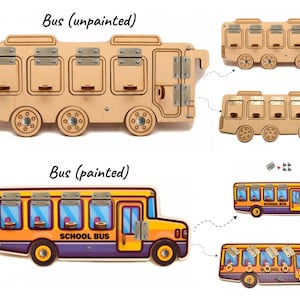 May include: Wooden toy bus with a yellow and blue paint job. The bus has a sign that says "School Bus". The bus is a wall-mounted key holder with hooks for hanging keys.