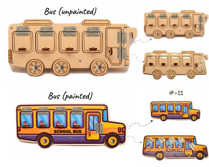 May include: Wooden toy bus with a yellow and blue paint job. The bus has a sign that says "School Bus". The bus is a wall-mounted key holder with hooks for hanging keys.