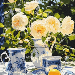 Roses Paint by number kit with Frame, Tea time Paint by numbers adult set, Floral Canvas Kitchen Decor, Large Still life Picture by numbers
