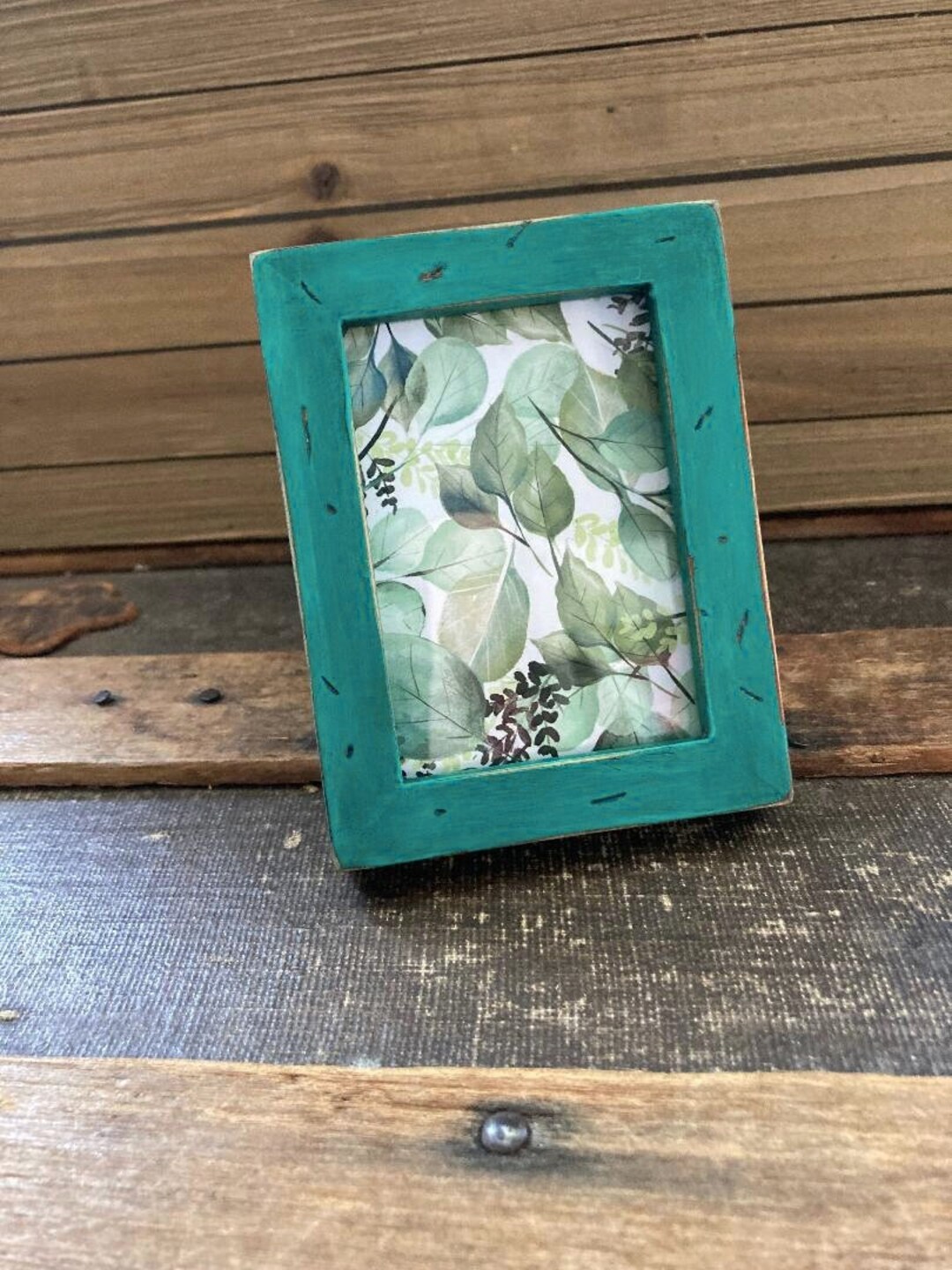 Distressed Hand Painted Turquoise Wood Tabletop Photo Frame Etsy